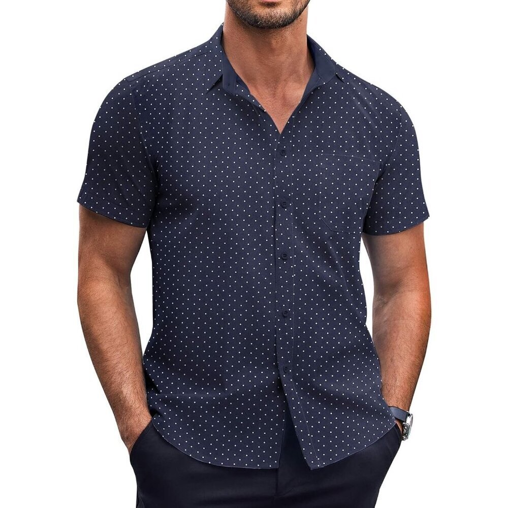 Navy Blue Men Short Sleeve Button Down Wrinkle Free Polka Dot Print Shirt